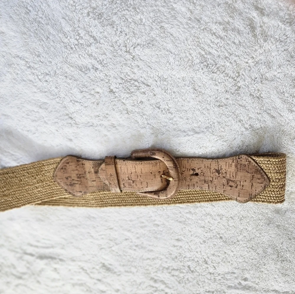 Lauren Gold and Brown Woven stretch Belt with Cork Buckle